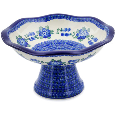 Polish Pottery Bowl with Pedestal 11&quot; Blue Poppies
