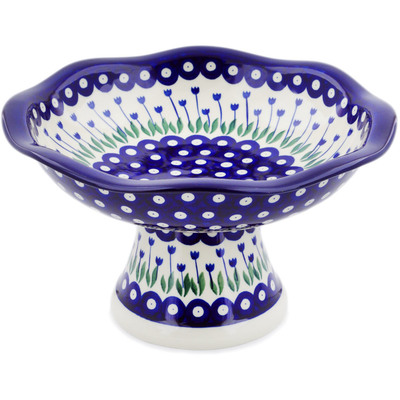 Polish Pottery Bowl with Pedestal 11&quot; Blue Tulip Peacock