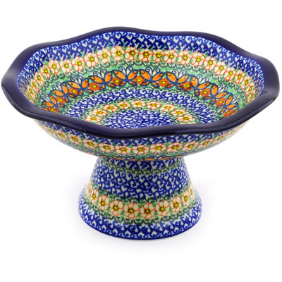 Polish Pottery Bowl with Pedestal 11&quot; Butterfly Chain UNIKAT