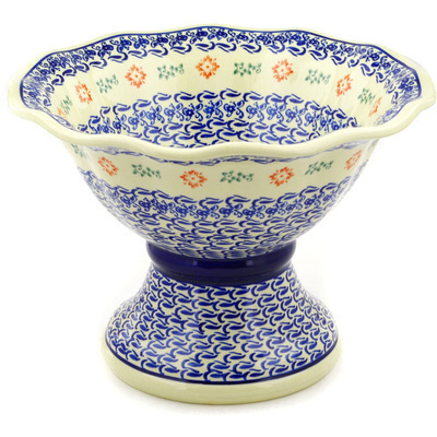 Polish Pottery Bowl with Pedestal 11&quot; Holiday Flowers