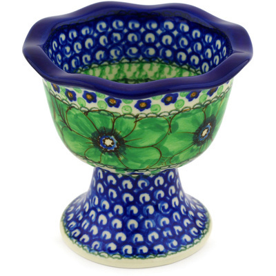 Polish Pottery Bowl with Pedestal 4&quot; Green Pansies UNIKAT