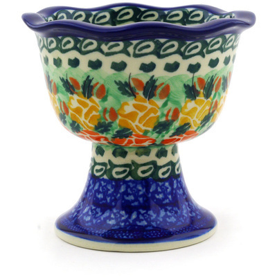 Polish Pottery Bowl with Pedestal 4&quot; Kaleidoscope Of Roses UNIKAT