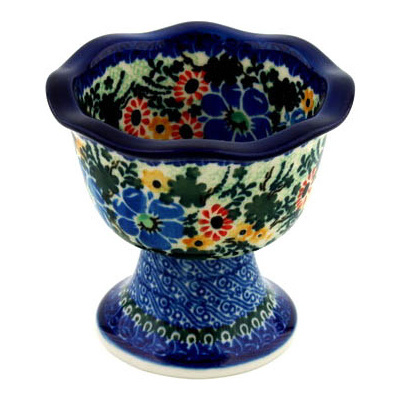 Polish Pottery Bowl with Pedestal 4&quot; Peaking Dahlia UNIKAT