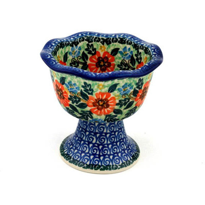 Polish Pottery Bowl with Pedestal 4&quot; Pretty Poppies UNIKAT
