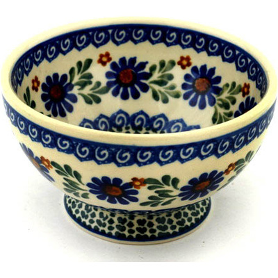 Polish Pottery Bowl with Pedestal 5&quot; Blue Daisy Meadow
