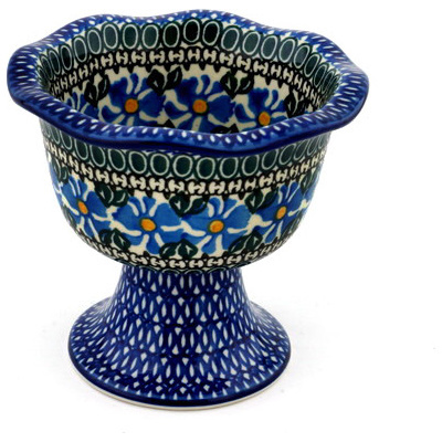Polish Pottery Bowl with Pedestal 5&quot; Blue Morning Glory