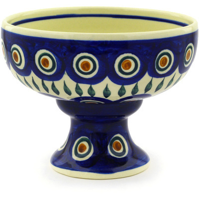 Polish Pottery Bowl with Pedestal 5&quot; Blue Peacock