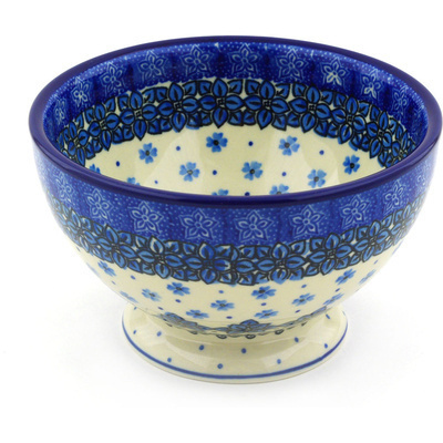 Polish Pottery Bowl with Pedestal 5&quot; Cobalt Daisies
