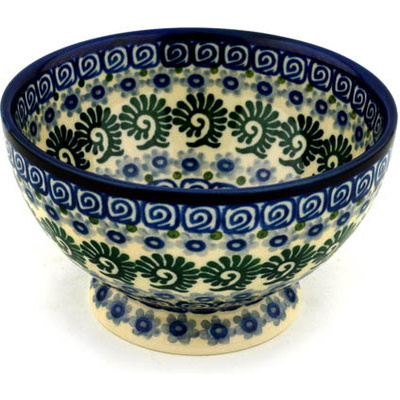 Polish Pottery Bowl with Pedestal 5&quot; Cobalt Fiddleheads