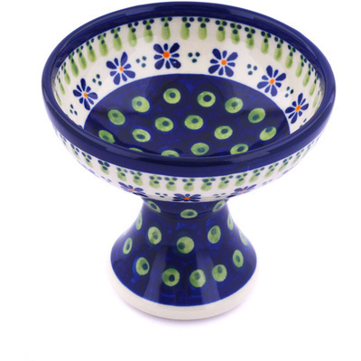 Polish Pottery Bowl with Pedestal 5&quot; Green Gingham Peacock