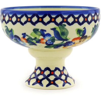 Polish Pottery Bowl with Pedestal 5&quot; Lace Collar UNIKAT