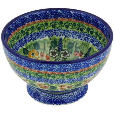 Polish Pottery Bowl with Pedestal 5&quot; Meadow At Night UNIKAT