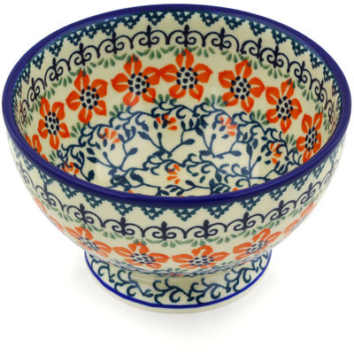 Polish Pottery Bowl with Pedestal 5&quot; Orange Trellis