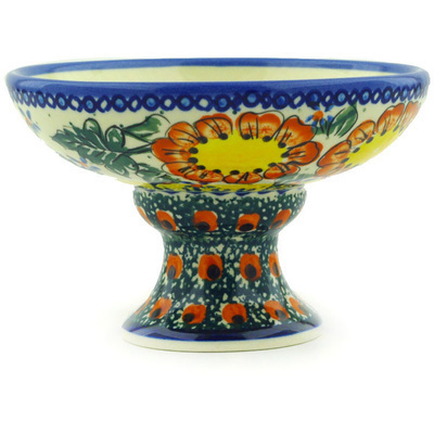Polish Pottery Bowl with Pedestal 5&quot; Sunshine Bees UNIKAT