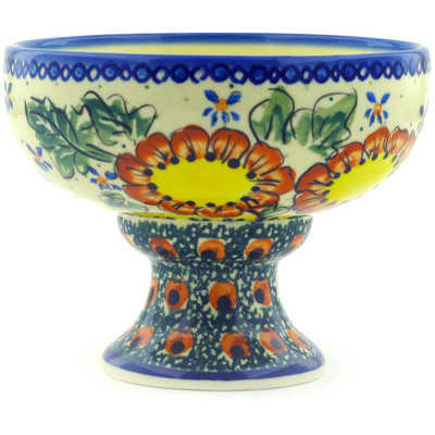 Polish Pottery Bowl with Pedestal 5&quot; Sunshine Bees UNIKAT