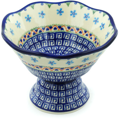 Polish Pottery Bowl with Pedestal 7&quot; Little Blue Flowers