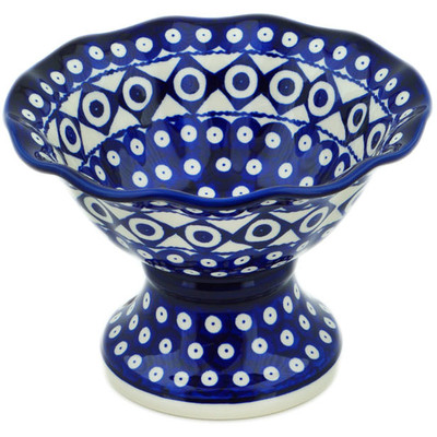 Polish Pottery Bowl with Pedestal 8&quot; Classic Peacock Vibes