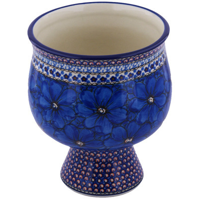 Polish Pottery Bowl with Pedestal 9&quot; Cobalt Poppies UNIKAT