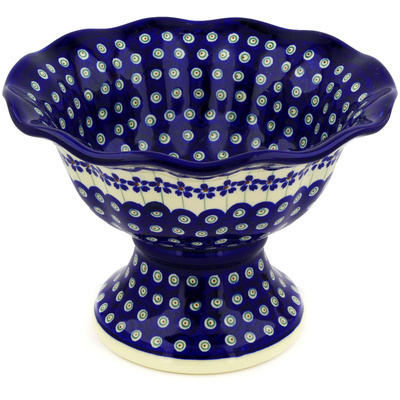 Polish Pottery Bowl with Pedestal 9&quot; Flowering Peacock