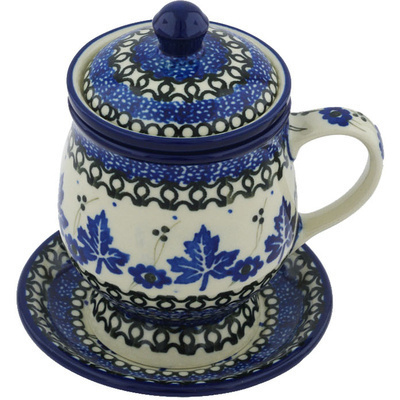 Polish Pottery Brewing Mug 10 oz Blue Leaves UNIKAT