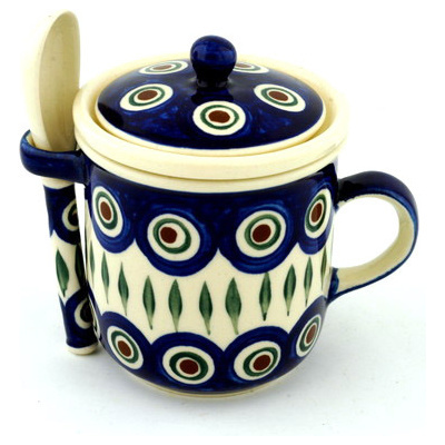 Polish Pottery Brewing Mug with Spoon 10 oz Blue Peacock