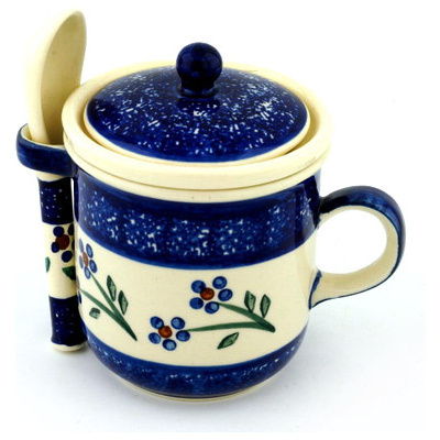 Polish Pottery Brewing Mug with Spoon 10 oz Whimsical