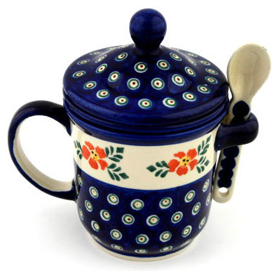 Polish Pottery Brewing Mug with Spoon 12 oz Poinsetia Peacock