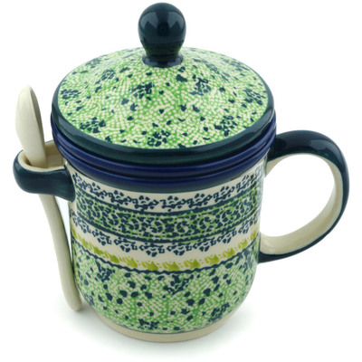 Polish Pottery Brewing Mug with Spoon 12 oz Sea Of Green