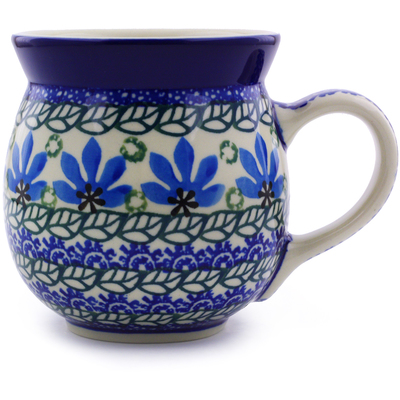 Polish Pottery Bubble Mug 16 oz Blue Fan Flowers