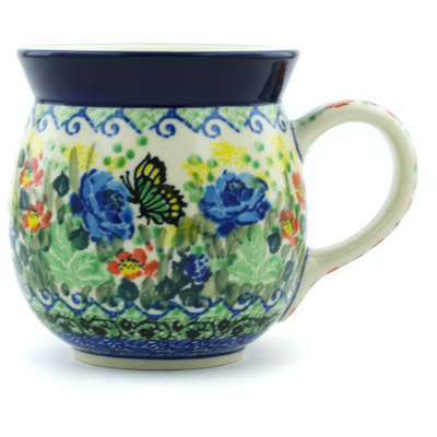 Polish Pottery Bubble Mug 16 oz Blue Rose Butterfly UNIKAT