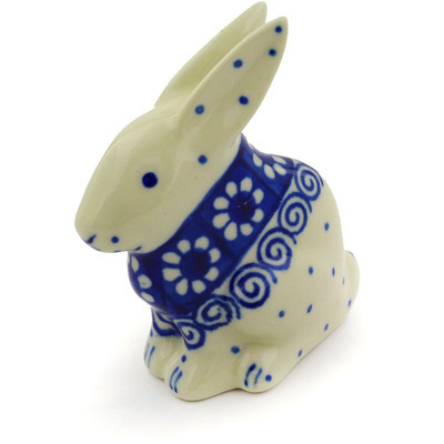 Polish Pottery Bunny Figurine 3&quot; Blue Flowers And Lace