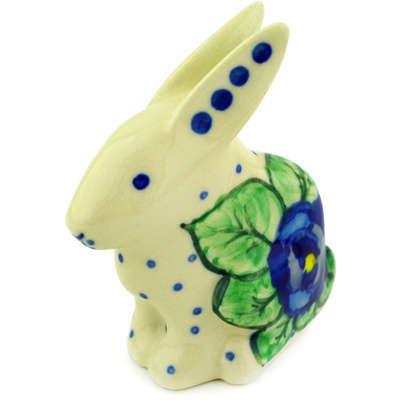 Polish Pottery Bunny Figurine 3&quot; Blue Pansies UNIKAT