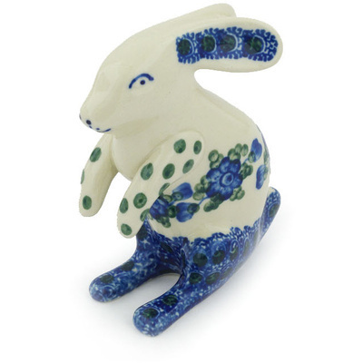 Polish Pottery Bunny Figurine 4&quot; Blue Poppies