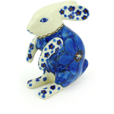 Polish Pottery Bunny Figurine 4&quot; Cobalt Poppies UNIKAT
