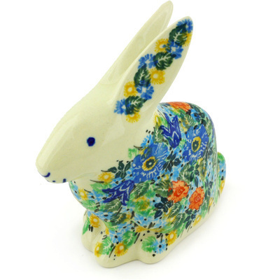 Polish Pottery Bunny Figurine 5&quot; Brilliant Blue Bouquet UNIKAT