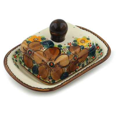 Polish Pottery Butter Dish 6&quot; Crown Of Brown UNIKAT