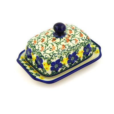 Polish Pottery Butter Dish 6&quot; Lace With Flowers