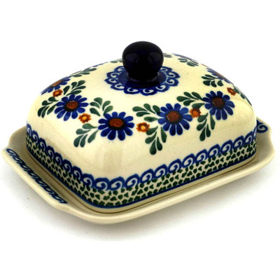 Polish Pottery Butter Dish 7&quot; Blue Daisy Meadow