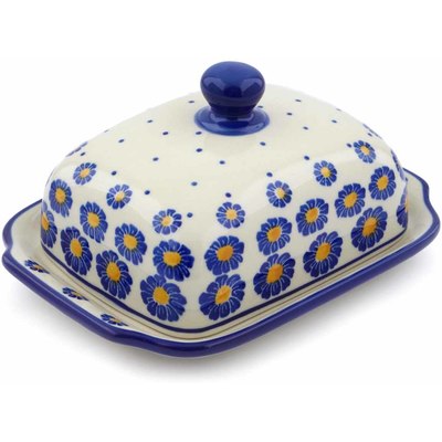 Polish Pottery Butter Dish 7&quot; Blue Zinnia