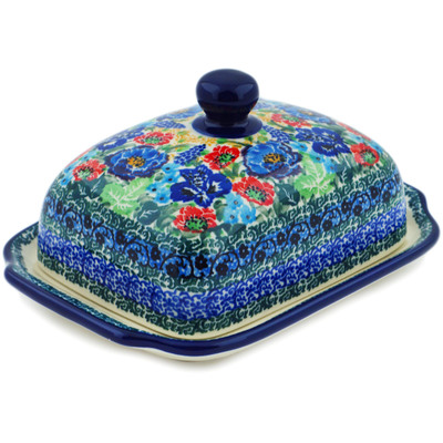 Polish Pottery Butter Dish 7&quot; Lupines And Roses UNIKAT