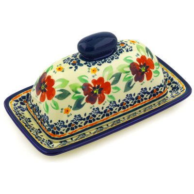 Polish Pottery Butter Dish 7&quot; Nightingale Flower