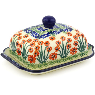 Polish Pottery Butter Dish 7&quot; Red April Showers