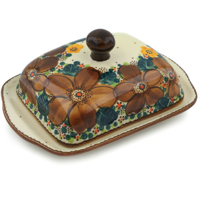 Polish Pottery Butter Dish 8&quot; Crown Of Brown UNIKAT