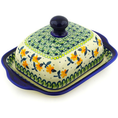 Polish Pottery Butter Dish 8&quot; Orange Forget Me Not