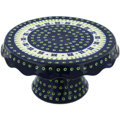 Polish Pottery Cake Stand 11&quot; Green Gingham Peacock