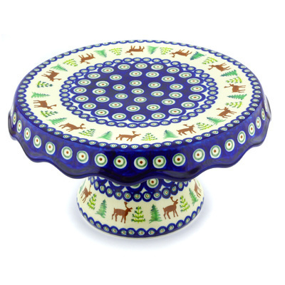 Polish Pottery Cake Stand 11&quot; Reindeer In The Pines