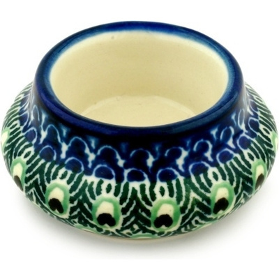 Polish Pottery Candle Holder 3&quot; Peacock Tail UNIKAT