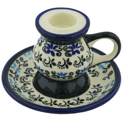 Polish Pottery Candle Holder 4&quot; Black And Blue Lace
