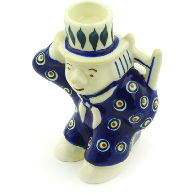 Polish Pottery Candle Holder 5&quot; Blue Peacock