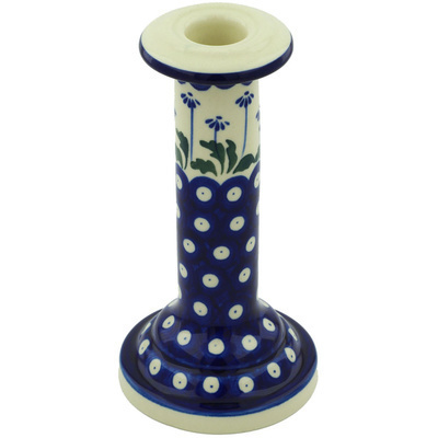 Polish Pottery Candle Holder 8&quot; Blue Daisy Peacock